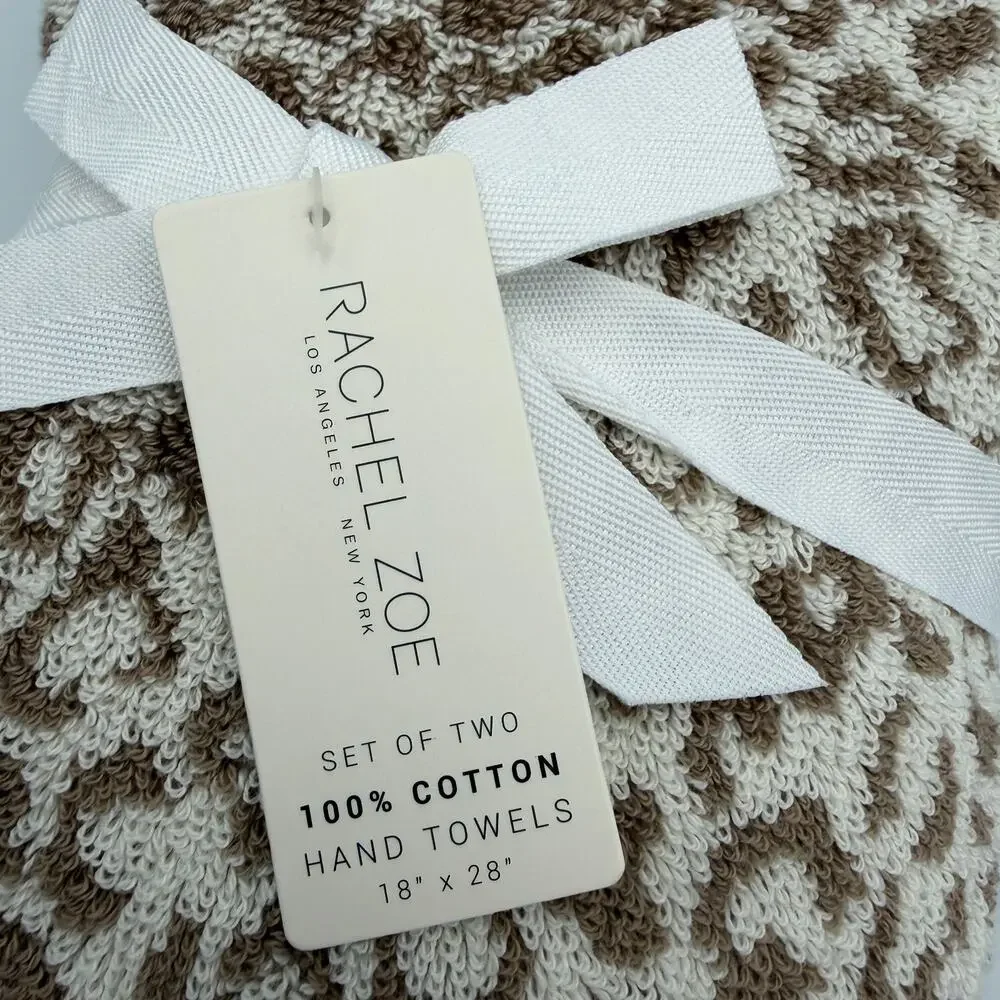 Rachel Zoe Leopard Cheetah Animal Print Hand Towel Set of 2 Ivory Brown 18 x 28